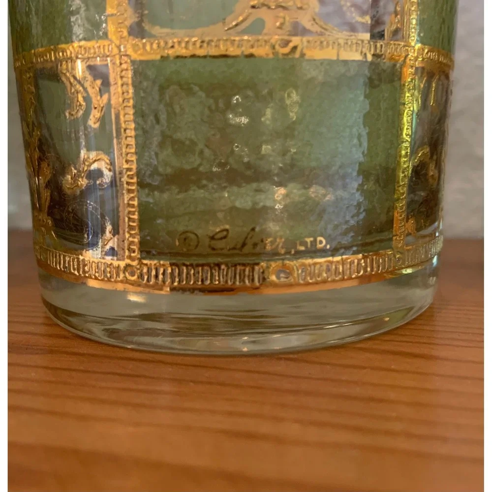 Vtg 60s Culver Prado Green & Gold 22 k Lowball Glasses (4) and Ice Bucket Set